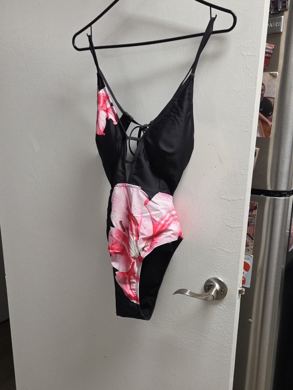 Fashion Nova Black One-Piece Swimsuit with Pink Floral Panels